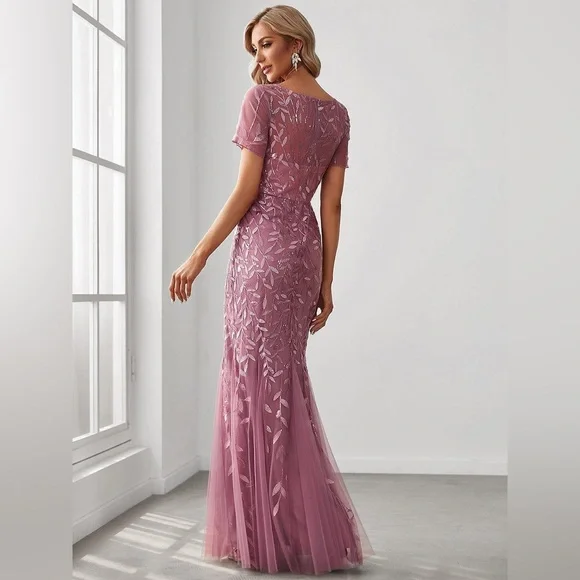 🆕 Floral Sequin Print Maxi Long Fishtail Formal Dresses With Half Sleeve - Picture 2 of 3